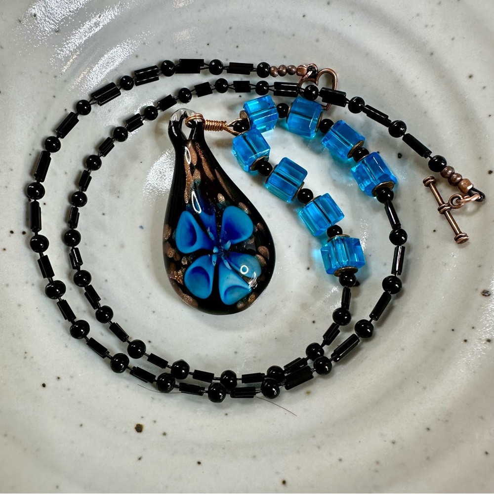 NEW HANDMADE - Vibrant Blue and Black Lamp-work Pendant Necklace